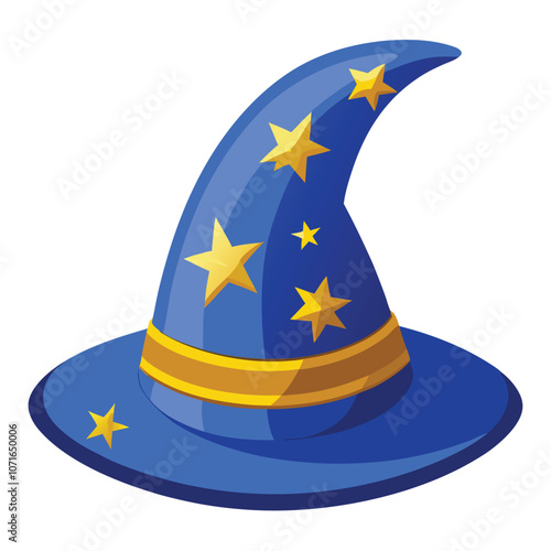 Blue Wizard Hat with Stars & Golden Band – Icon of Magic and Fantasy, Isolated on White Background.