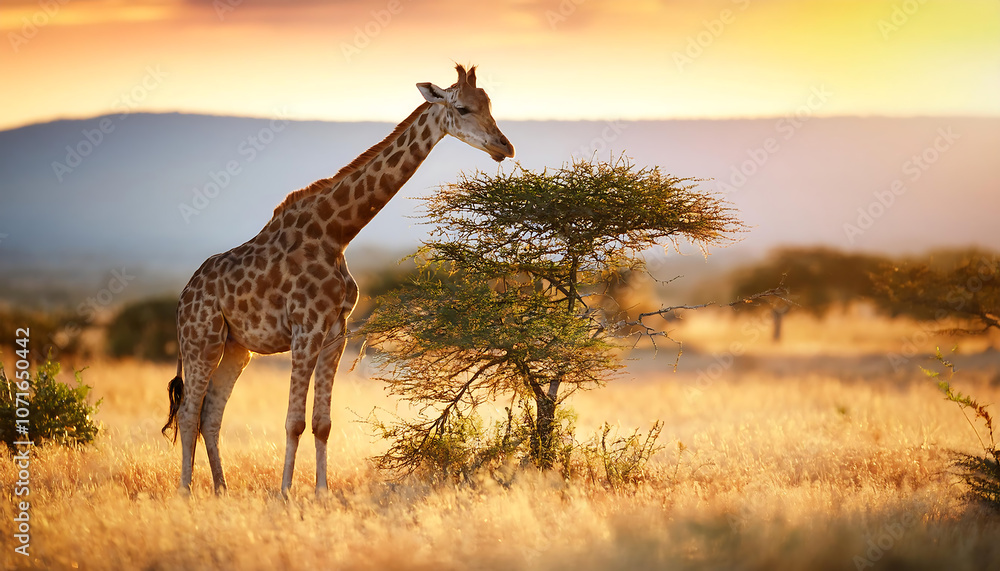 Obraz premium A giraffe reaching for high tree branches in the savannah