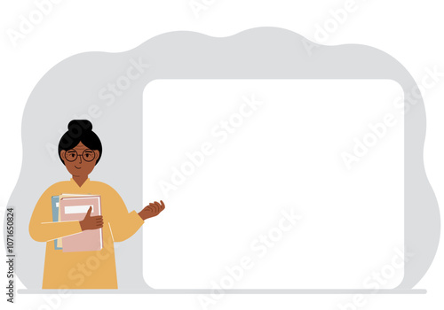 The woman holds many books. Nearby is a large white poster for your text. Vector flat illustration.