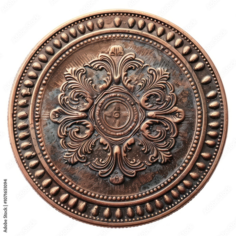 Obraz premium Antique copper coin isolated on white background, worn with intricate engravings