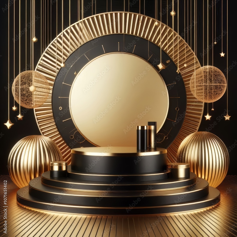 Fototapeta premium cosmetic product display with gold and black elegant theme
