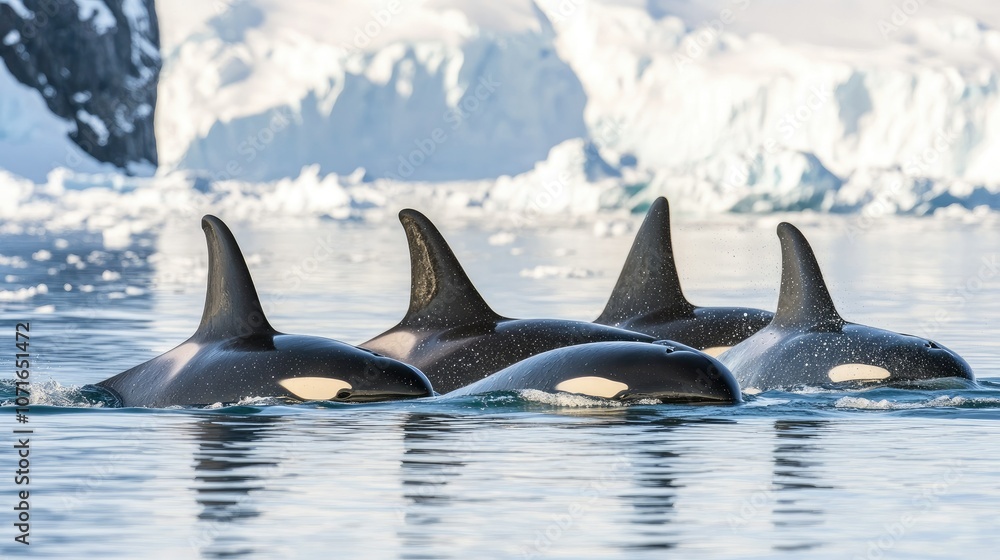 Naklejka premium Group of Orcas Swimming in Icy Waters