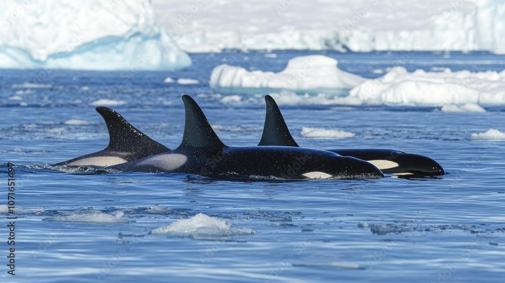 Fototapeta premium Group of Orcas Swimming in Icy Waters