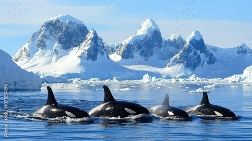 Orcas Swimming Near Snowy Mountains and Icebergs