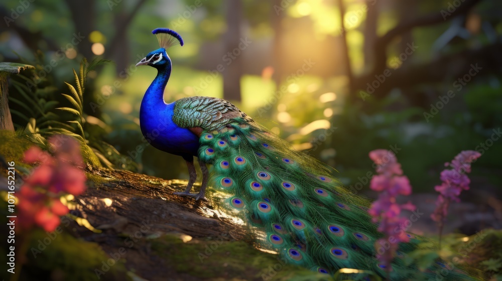 Obraz premium Majestic Peacock Standing in Forest. Generative AI.