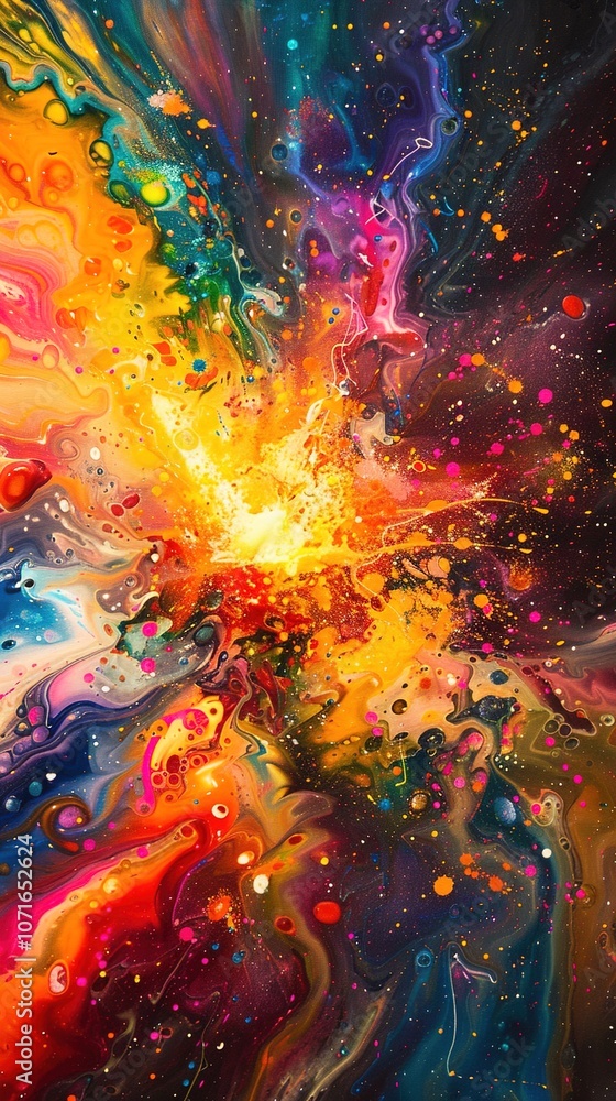 Fototapeta premium A vibrant, abstract painting of a cosmic explosion, with swirling, luminous colors and particles radiating outward. The composition is dynamic, capturing the energy and chaos of the event.
