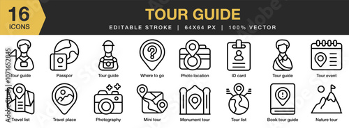 Tour Guide icon set. Editable Stroke Icon Collection. Includes book tour, id card, mini tour, monument, nature, passport, and More. Outline icons vector collection.