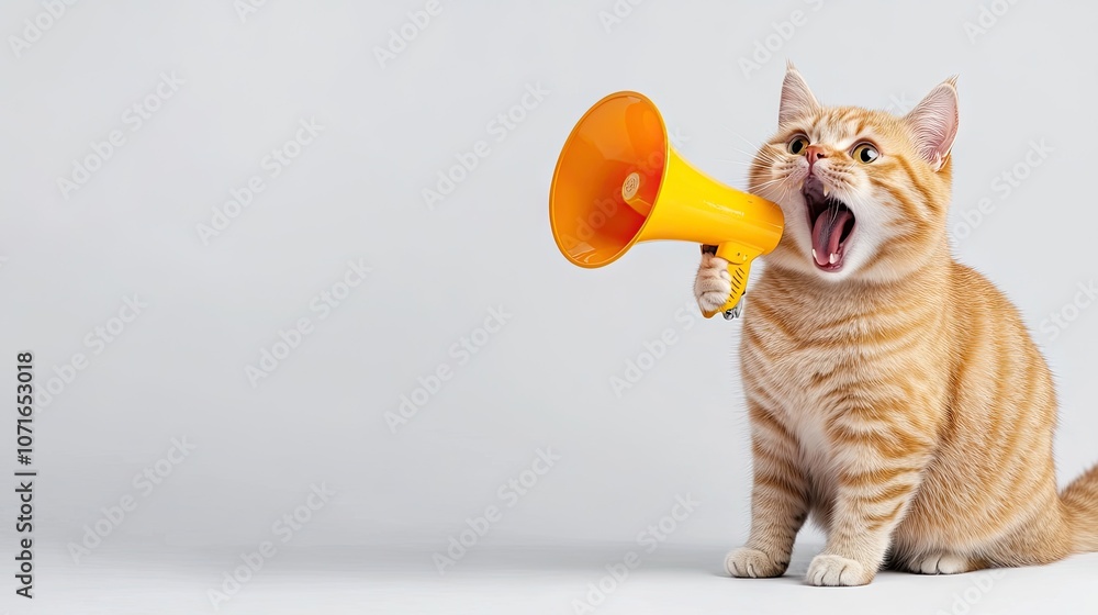 Fototapeta premium A lively cat passionately yells into a megaphone against a crisp white backdrop, perfect for capturing attention and creative ideas