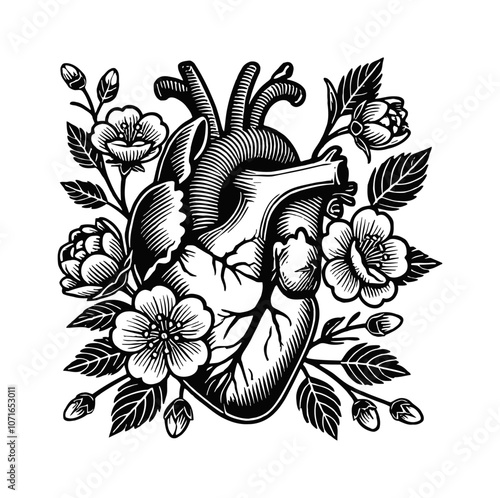 heart flower organ engraving black and white outline