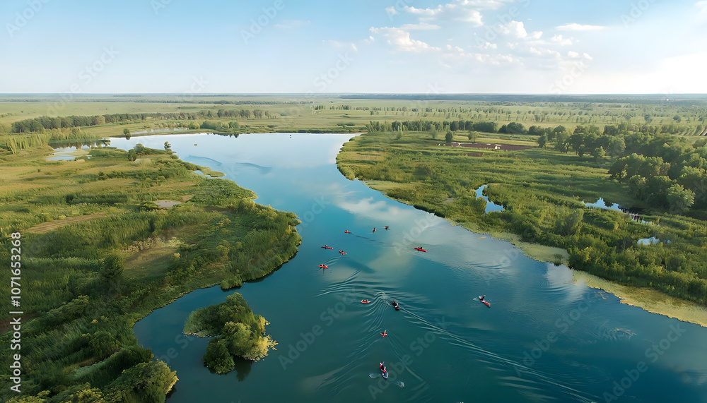 Obraz premium The Tranquil Tisza River Surrounded by Lush Wetlands and Unique Wildlife Perfect for Kayaking