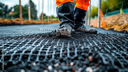 A worker spreading and compacting soil over a layer of geosynthetic material creating a secure and level base for construction. photo