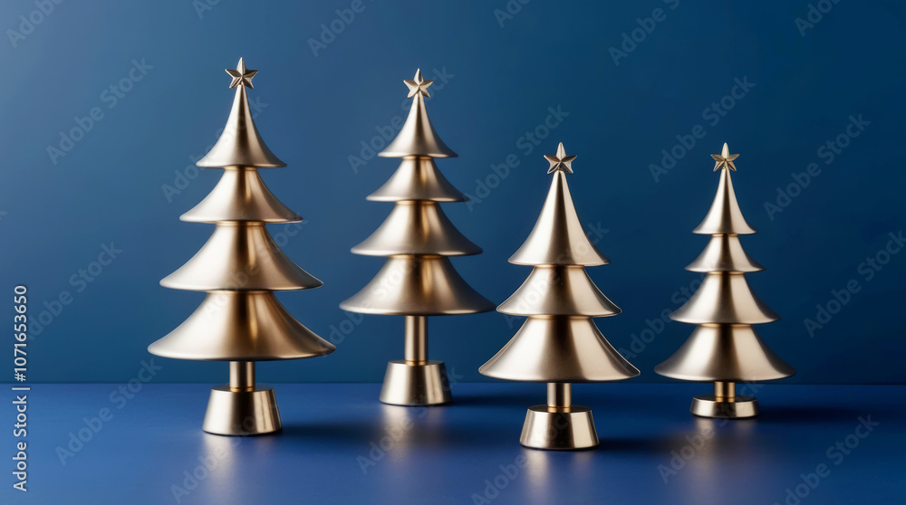 Elegant metallic mini Christmas trees on a blue minimalist background for design, Christmas cards and invitations Elegant metallic mini Christmas trees on a blue minimalist background for design, Christmas cards and invitations