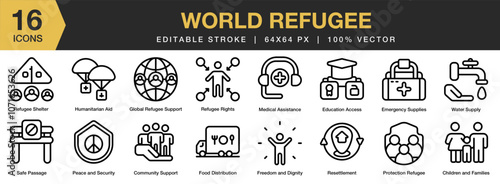 World Refugee icon set. Editable Stroke Icon Collection. Includes children, families, community support, education, emergency, food distribution, and More. Outline icons vector collection.
