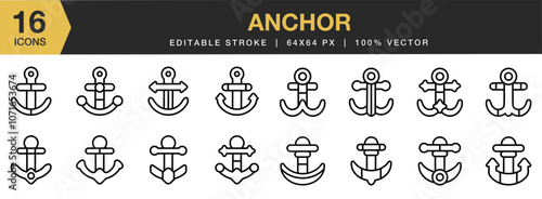 Anchor icon set. Editable Stroke Icon Collection. Includes Boat, Sea, Marine, Ocean, Ship, Anchor, and More. Outline icons vector collection.