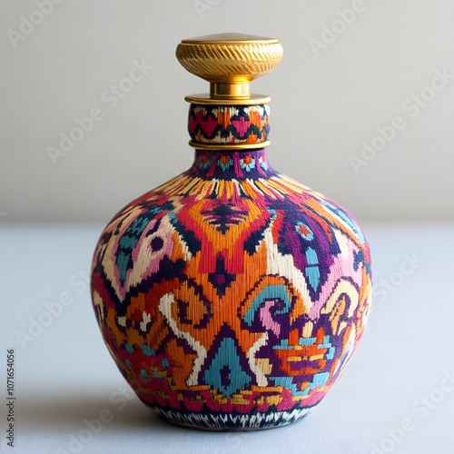 Ikat-patterned perfume bottle with vibrant colors and intricate woven designs.

--v
 6.1 photo