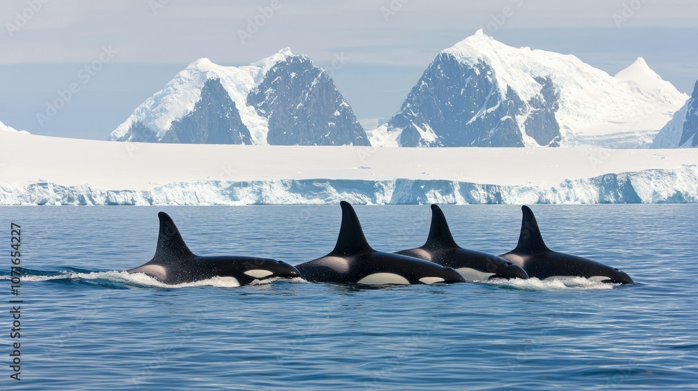 Fototapeta premium Pod of Orcas Swimming in Icy Waters with Mountains