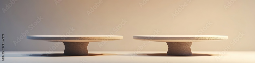 Two empty round platforms for product display, beige background Two empty round platforms for product display, beige background