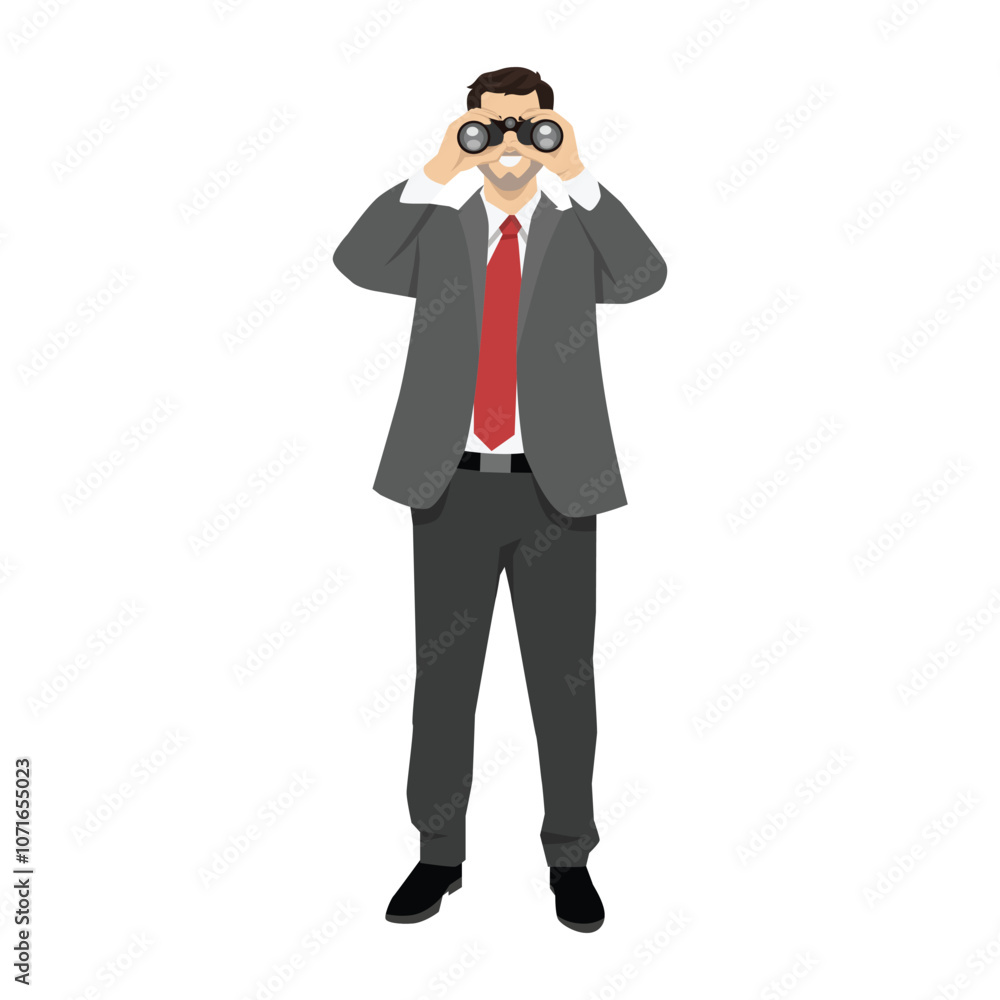 Young businessman looking through binocular. Flat vector illustration isolated on white background Young businessman looking through binocular. Flat vector illustration isolated on white background