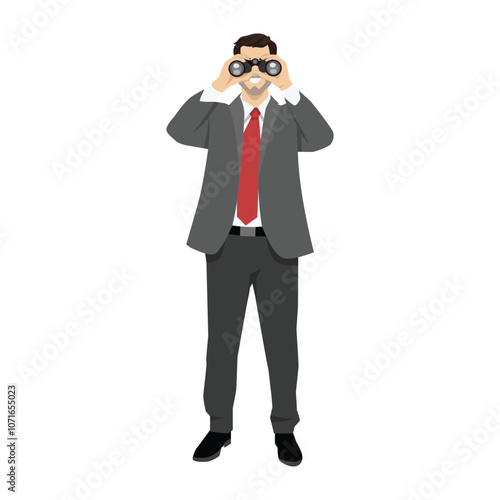 Young businessman looking through binocular. Flat vector illustration isolated on white background