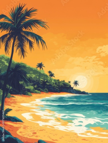 Verano palm tree cartoon illustration on mexico beach