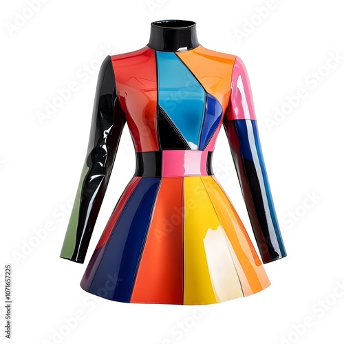 Polyester dress in bold colors, featuring a glossy sheen and structured design. photo