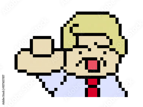 Pixel art of a blonde man pointing