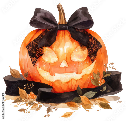 PNG Craft face halloween pumpkin illustration ribbon black. photo