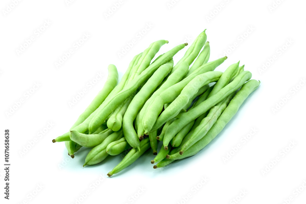 Heap of french bean, haricot bean, snap bean, string bean isolated on white background closed up stack Heap of french bean, haricot bean, snap bean, string bean isolated on white background closed up stack