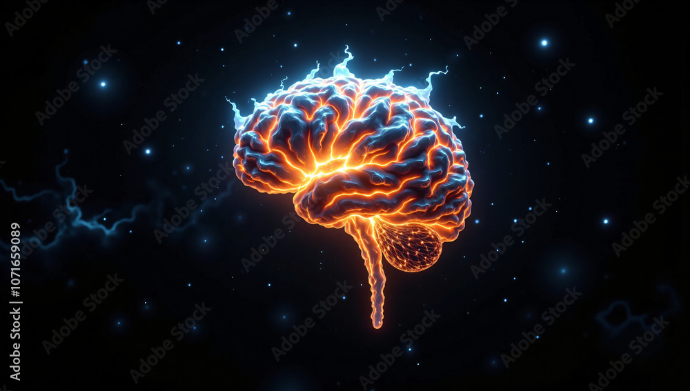 Fototapeta premium Visualizing Future AGI: Glowing Brain with Lightning