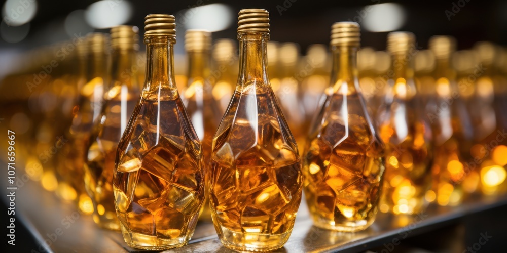 A row of amber-colored glass bottles with a faceted design, illuminated by warm lighting, showcasing the intricate details of the bottles and the reflection of light within the liquid. A row of amber-colored glass bottles with a faceted design, illuminated by warm lighting, showcasing the intricate details of the bottles and the reflection of light within the liquid.