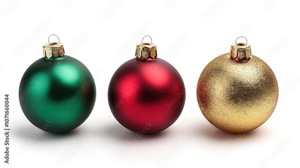 Christmas baubles in red, green, and gold, isolated on white Christmas baubles in red, green, and gold, isolated on white