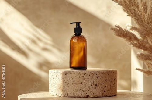 Amber glass shampoo bottle with pump on wooden pedestal in natural sunlight, minimalistic beauty and skincare packaging concept