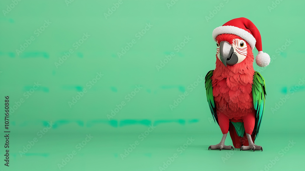 Fototapeta premium Festive parrot in a Santa hat on a bright green background, Christmas background 3D style
