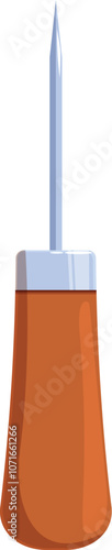 Close up view of a stitching awl, featuring a sharp metal point and a comfortable wooden handle, ideal for leatherwork, shoemaking, and bookbinding projects