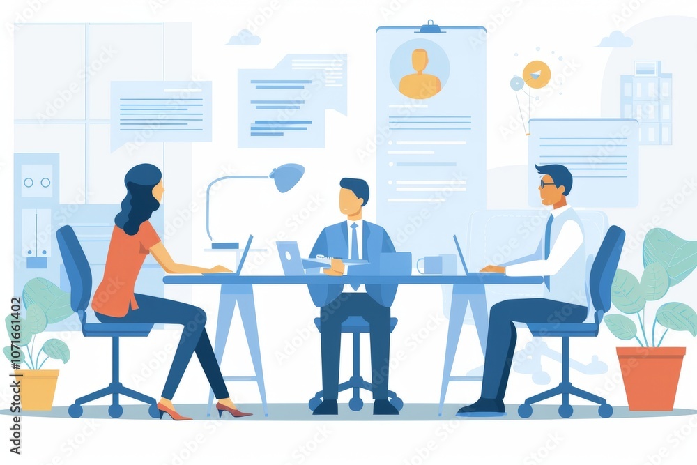 Fototapeta premium Contemporary graphic of HR professionals conducting interviews, bright and modern design