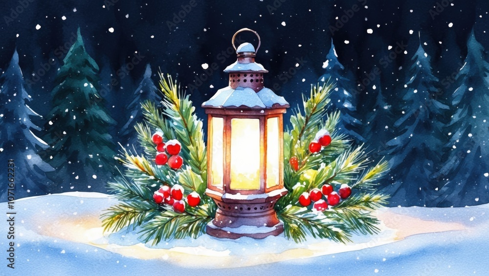 Illuminate your winter nights with a festive lantern surrounded by snowy evergreens and berries, watercolor in Christmas theme. Illuminate your winter nights with a festive lantern surrounded by snowy evergreens and berries, watercolor in Christmas theme.