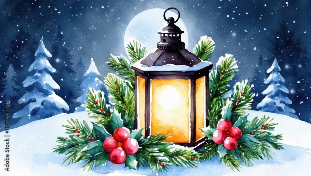 Illuminate your winter nights with a festive lantern surrounded by evergreen and holly decorations, watercolor in Christmas theme. Illuminate your winter nights with a festive lantern surrounded by evergreen and holly decorations, watercolor in Christmas theme.