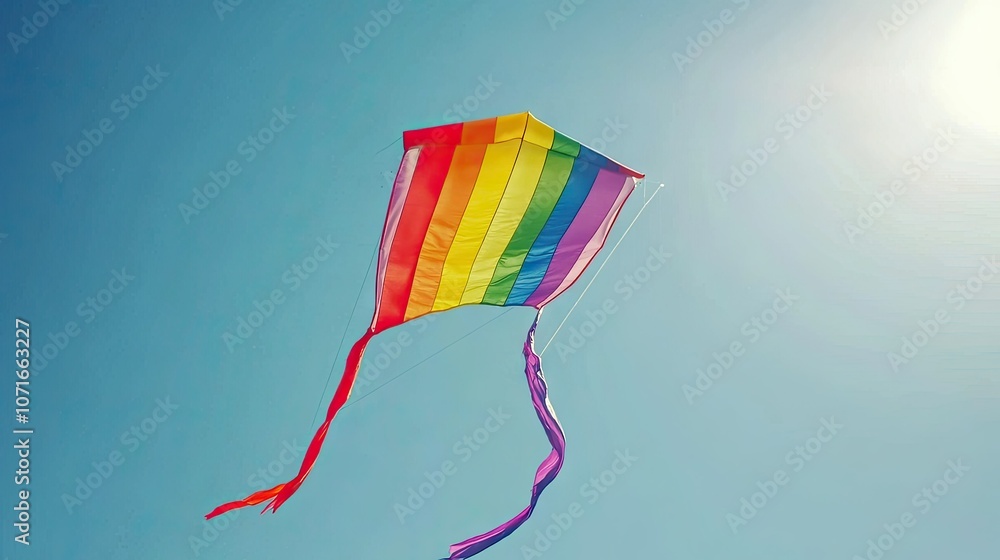 Fototapeta premium Close-up of a bright, striped rainbow kite soaring with tails waving smoothly in a clear blue sky, a joyful and lively scene