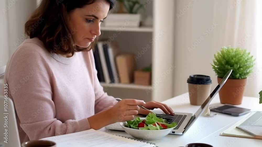 Focused woman working on laptop while eating salad at her desk Focused woman working on laptop while eating salad at her desk