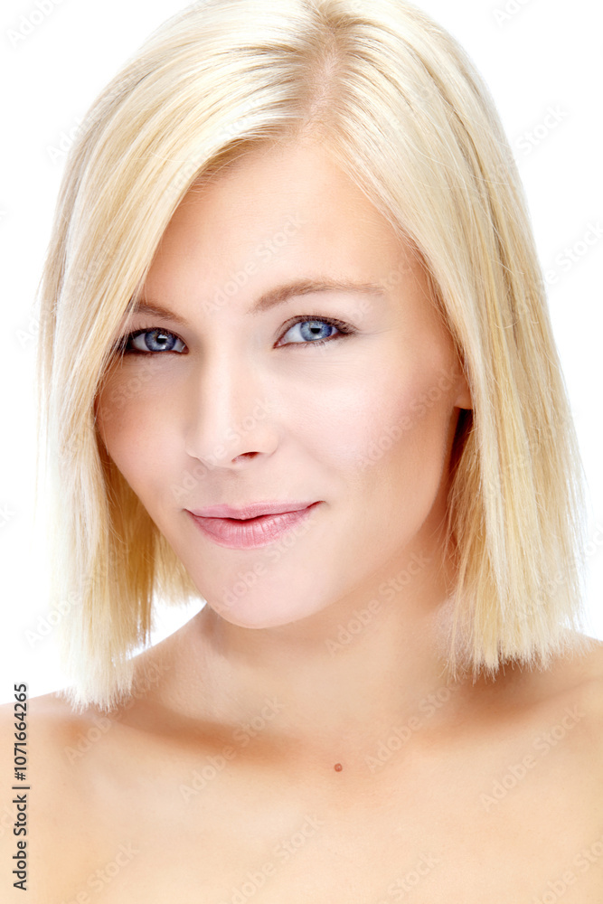 Woman, portrait and beauty in studio for skincare, shine and dermatology with facial self care. Female person, aesthetic and clear face on white background for luxury spa, confidence and healthy skin Woman, portrait and beauty in studio for skincare, shine and dermatology with facial self care. Female person, aesthetic and clear face on white background for luxury spa, confidence and healthy skin