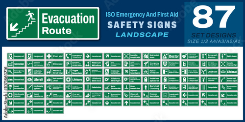 87 set iso emergency and first aid safety signs v87_landscape size 1/2 a4,a3,a2,a1
