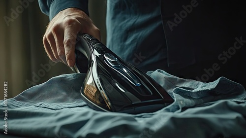 Close-up of hand holding a modern steam iron with shiny soleplate, poised above a clean shirt, ready to smooth creases photo