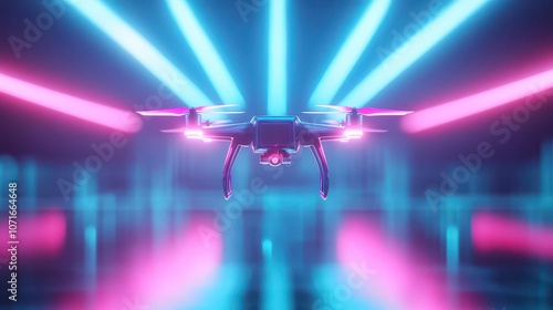 A drone hovering in neon light beams, ultramodern design, blue and pink glow, sharp focus, hightech urban environment, high resolution