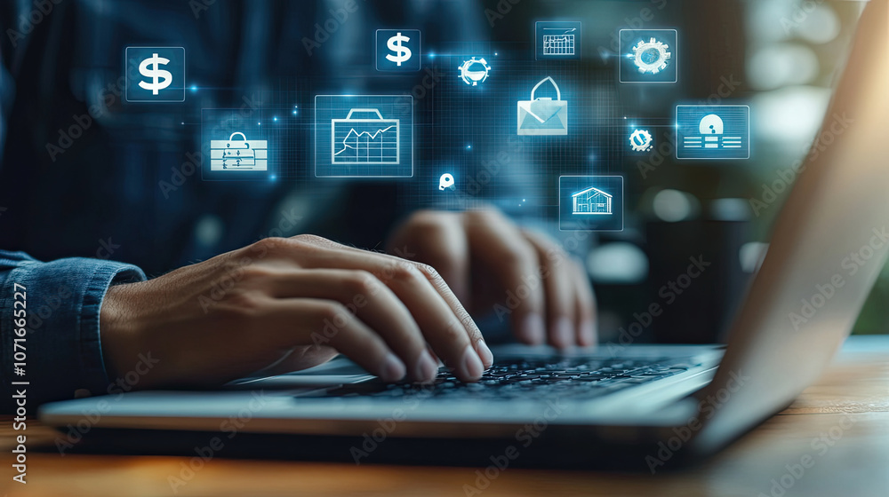 Obraz premium The businessman's hand uses a laptop, pointing to a virtual screen of money bag ICONS, charts or financial development charts, budgets and financial planning concepts.