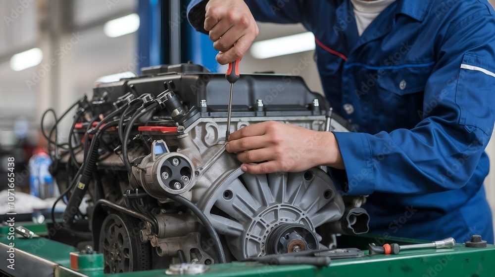 Obraz premium Expert Mechanics at Work: Engine Repair, Component Adjustment, and Workshop Precision, Mechanic Working On A Car Engine