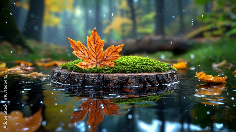 Autumn Leaf on Mossy Tree Stump in Rain Nature Woodland Water Reflection Autumn Leaf on Mossy Tree Stump in Rain Nature Woodland Water Reflection