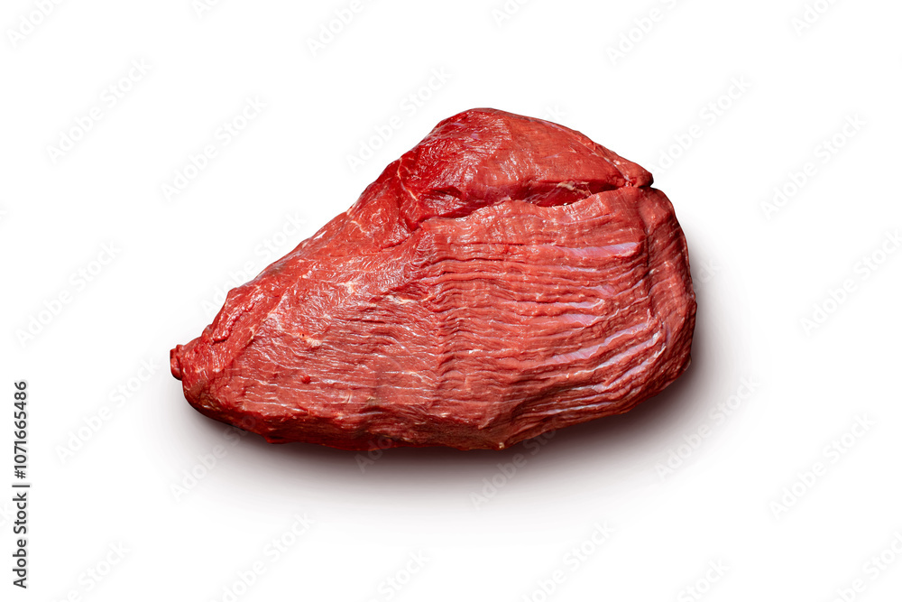 A raw beef steak with a marbled texture displayed on a plain white background, showcasing its freshness and suitability for grilling or gourmet cooking A raw beef steak with a marbled texture displayed on a plain white background, showcasing its freshness and suitability for grilling or gourmet cooking