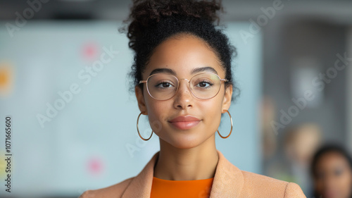 Confident young professional woman in office attire, wearing glasses and smiling, stands in a modern office environment with blurred background. photo