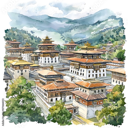 Watercolor Painting of Traditional Bhutanese Architecture in the Himalayas. photo