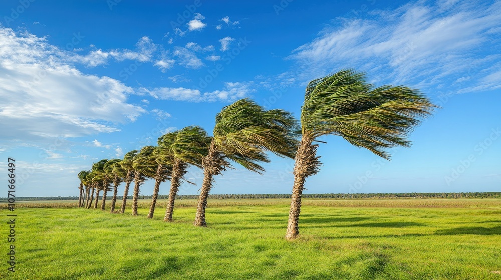 Group of palm trees bending in the wind on a sunny tropical day, with blue sky and scattered clouds in the background Group of palm trees bending in the wind on a sunny tropical day, with blue sky and scattered clouds in the background